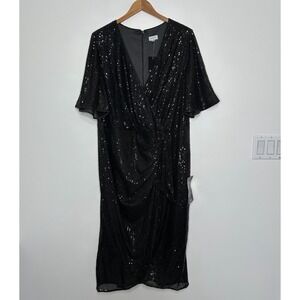 New Avenue Naomi Sequin Dress Womens Size 22 Black Faux Wrap Evening Wedding
